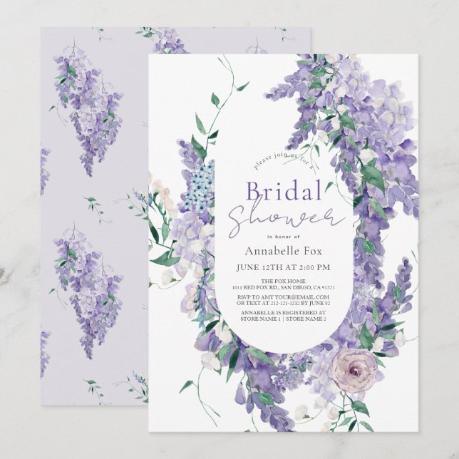 Invitación Wisteria Dusty Purple Watercolor Bridal Shower (Anverso / Reverso)