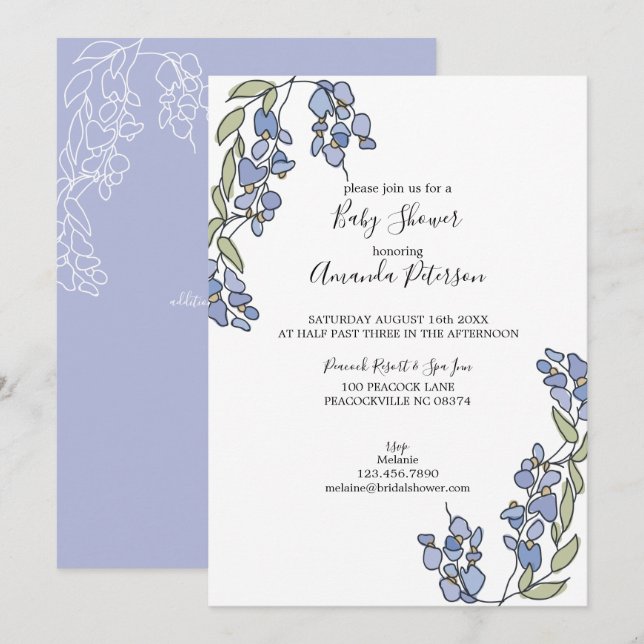 Invitación Wisteria Floral Baby Shower de mano dibujada (Anverso / Reverso)