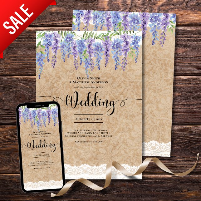 Invitación Wisteria Floral Boda Rustic Kraft Lace Look (Subido por el creador)
