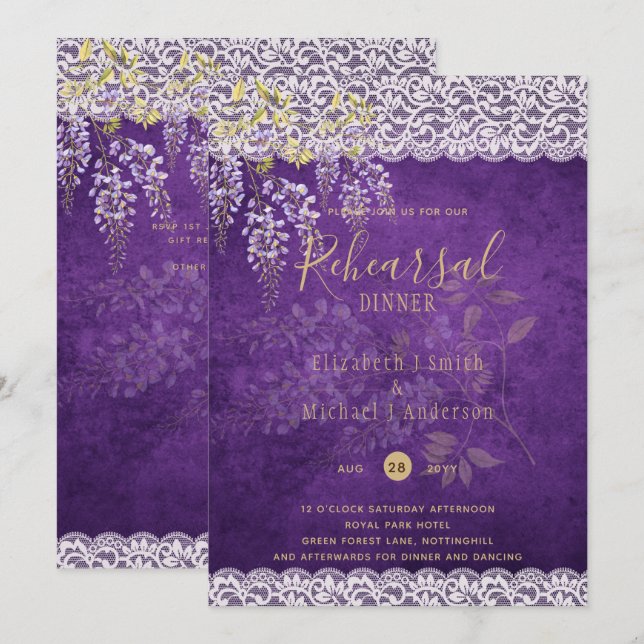 Invitación Wisteria Floral Lace REHEARSAL CENA INVITE (Anverso / Reverso)
