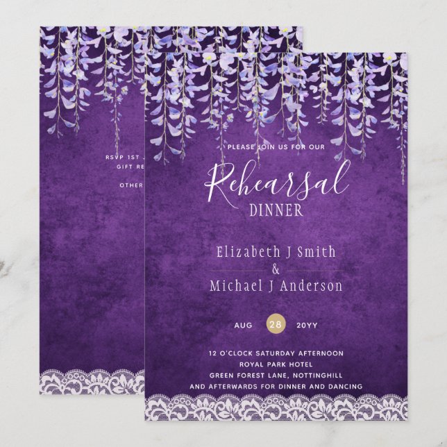 Invitación Wisteria Floral Lace REHEARSAL CENA INVITE (Anverso / Reverso)