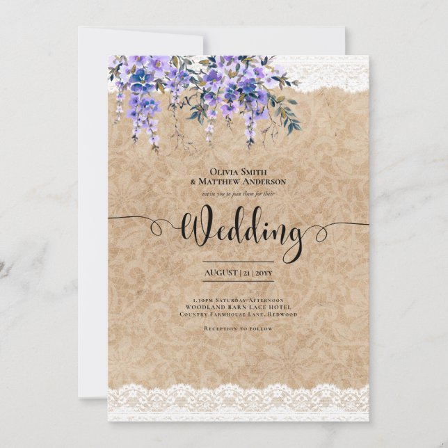 Invitación Wisteria Flores Púrpuras Boda Rústico Aspecto de e (Anverso)