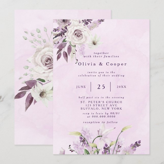 Invitación Wisteria Lavender Boda de Moda de rosas blancas (Anverso / Reverso)