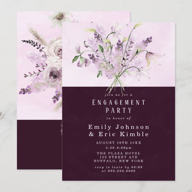 Invitación Wisteria Lilac Rosa Flores Partido de compromiso (Anverso / Reverso)