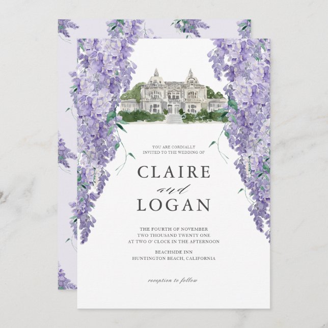 Invitación Wisteria Mansion Dusty Purple Watercolor Boda (Anverso / Reverso)