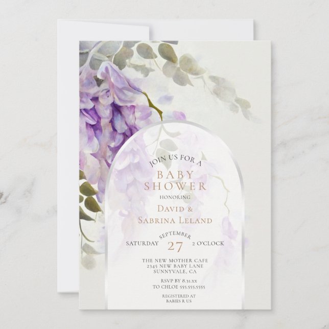 Invitación Wisteria moderna acuarela floral Baby Shower (Anverso)