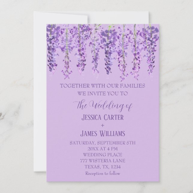 Invitación Wisteria morada Floral acuarela Lavender Boda (Anverso)