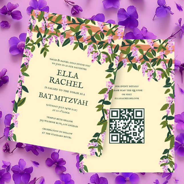Invitación Wisteria Personalizado B'nai Bat Bar Mitzvah QR Co (Wisteria Flowers Custom B'nai Bat Bar Mitzvah QR Code Jewish Invitation
)