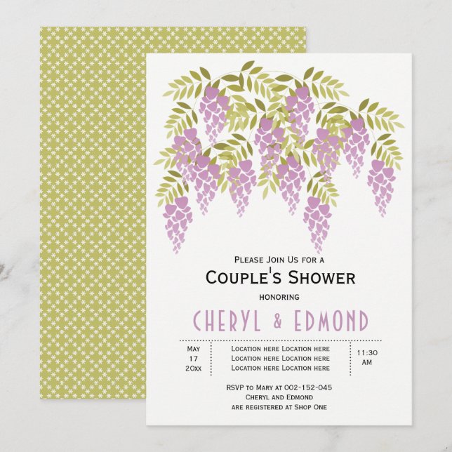 Invitación Wisteria púrpura boda floral duchas (Anverso / Reverso)