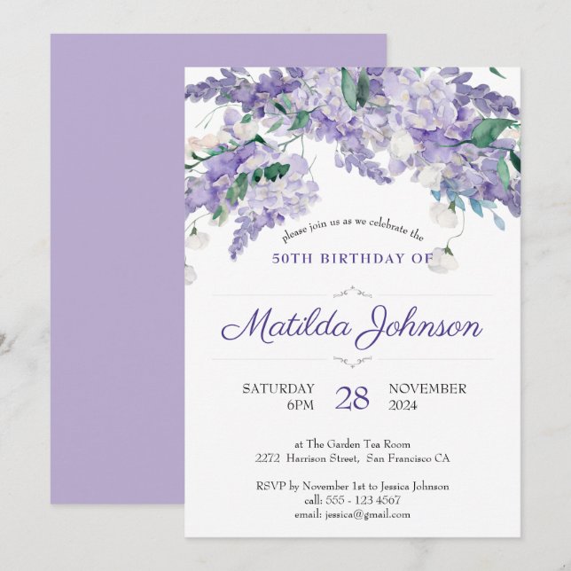 Invitación Wisteria Púrpura Floral Botánica 50 cumpleaños (Anverso / Reverso)
