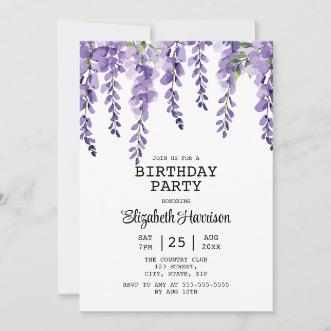 Invitación Wisteria Púrpura Verdor Floral 50 cumpleaños (Anverso)
