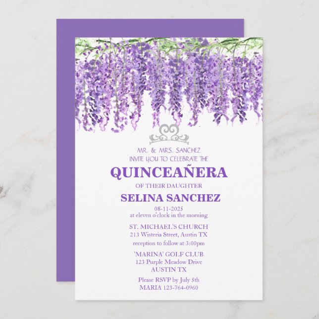 Invitación Wisteria Quinceanera Purple Floral 15 cumpleaños (Anverso / Reverso)