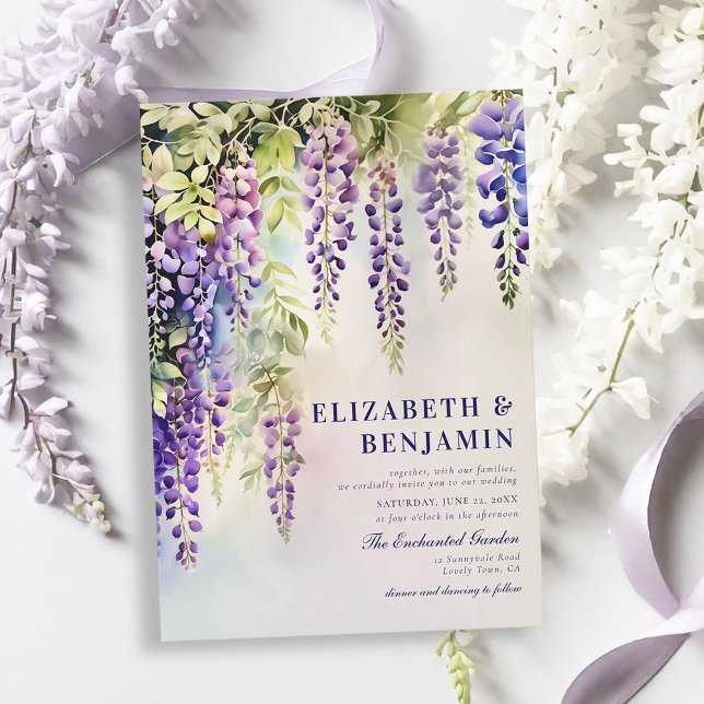 Invitación Wisteria Romántica Fiesta Boda Elegante (wisteria garden party wedding invitation romantic elegant modern formal trendy classy watercolor )