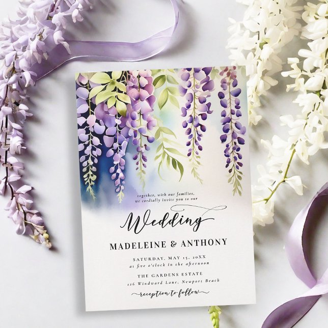 Invitación Wisteria Romántica Fiesta Purple Boho Boda (wisteria garden party wedding invitation romantic elegant modern formal watercolor floral classy)