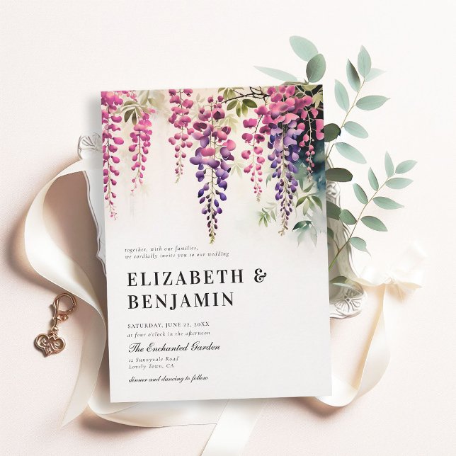 Invitación Wisteria Romántico Fiesta Jardín Boda Púrpura Rosa (wisteria garden party wedding invitation romantic elegant modern formal watercolor floral pink boho)