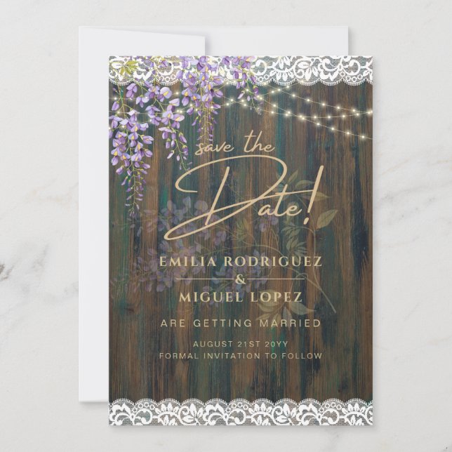 Invitación Wisteria Rústica Luces de Madera Boda Guardar fech (Anverso)