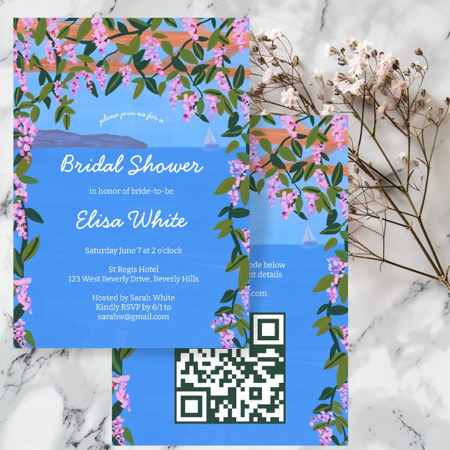 Invitación Wisteria Vista Marítima Elegante PERSONALIZADO de  (Sea View Wisteria Vines Floral Sailboat Elegant Bridal Shower CUSTOM QR Code Party Invitation
)