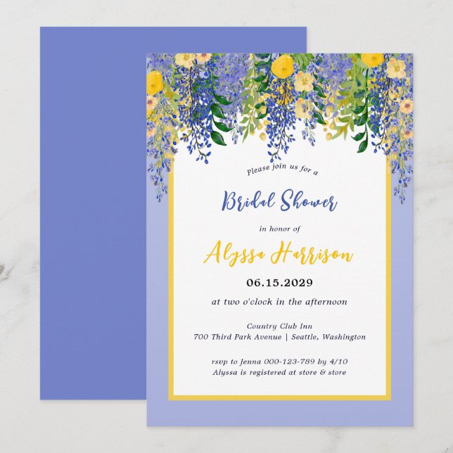 Invitación Wisteria Watercolor Floral Bridal Shower (Anverso / Reverso)