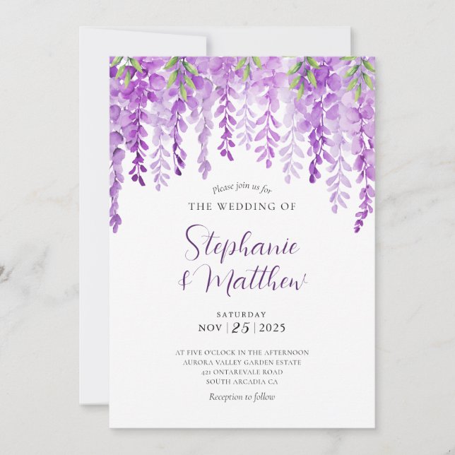 Invitación Wisteria Watercolor Púrpura Boda Botánico (Anverso)