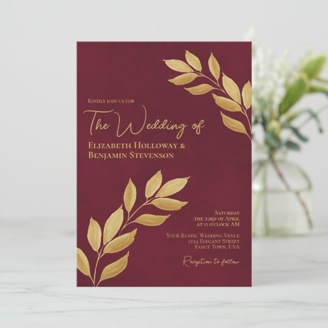 Invitación Wistful Leaves Elegant Burgundy & Gold Wedding (Anverso de pie)