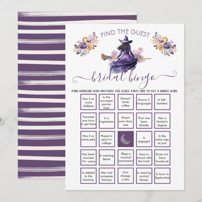 Invitación Witch Bridal Shower Find the Guest BINGO (Anverso / Reverso)