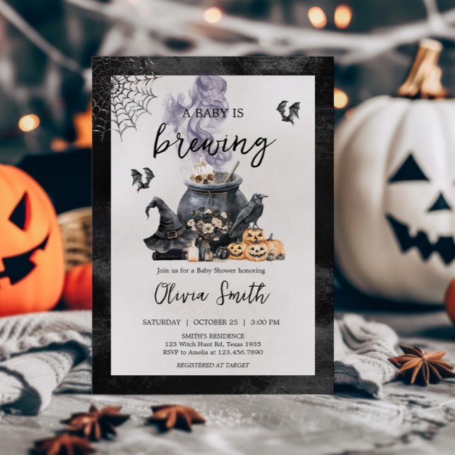 Invitación Witch Cauldron Baby está preparando Baby Shower (A Baby is Brewing Halloween Baby Shower Invitation)
