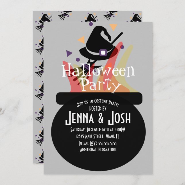 Invitación Witch Cauldron Spooky Halloween Fiesta Gray (Anverso / Reverso)