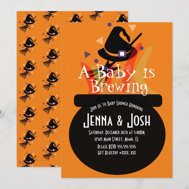 Invitación Witch Cauldron Spooky Halloween Naranja de Baby Sh (Anverso / Reverso)