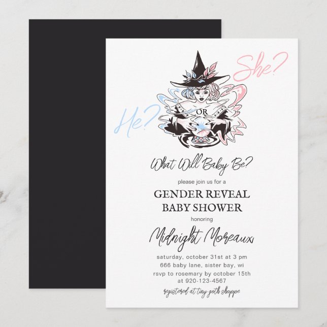 Invitación Witch Gender Revelan Halloween Baby Shower (Anverso / Reverso)