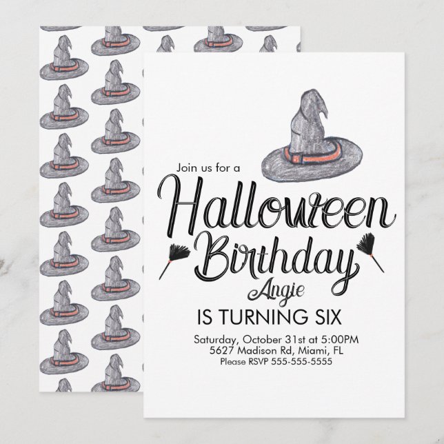 Invitación Witch Halloween Doodle Birday Party (Anverso / Reverso)