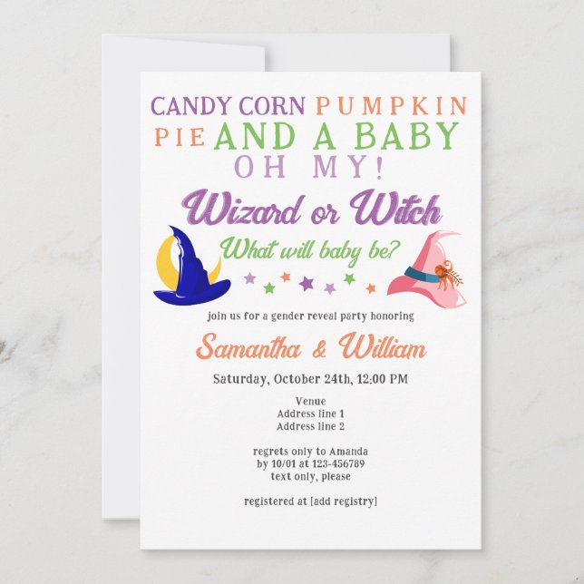 Invitación Witch Wizard Magic Halloween Gender Reveal Party (Anverso)