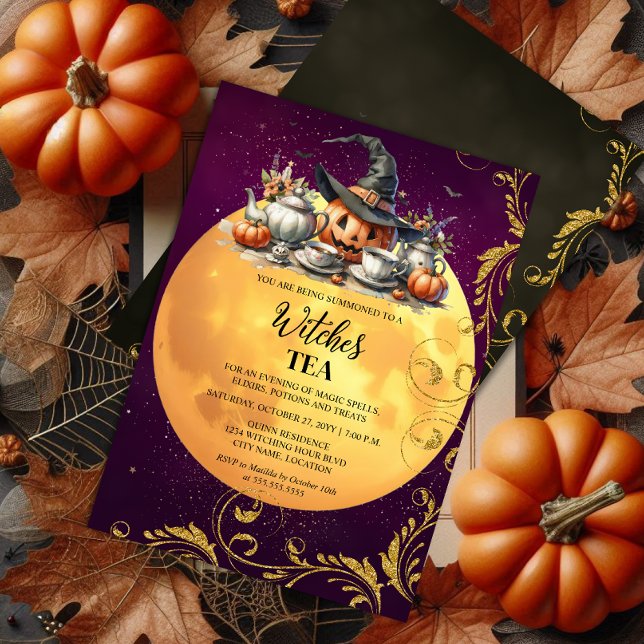 Invitación Witches Tea Fiesta (Witches Tea Party invitation front and back view.)