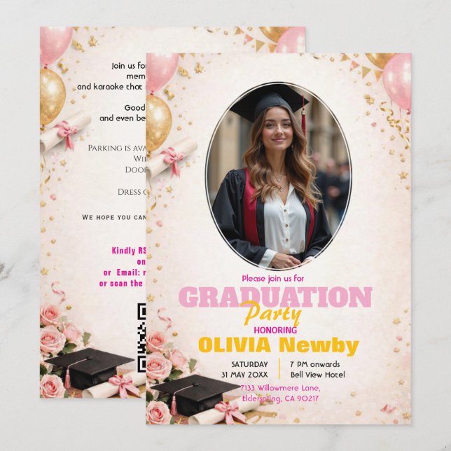 Invitación 🎓With QR code Pink &  Balloon Glow Graduation (Anverso / Reverso)