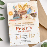 Invitación Wizard Magical Kids Birthday Party Invitation<br><div class="desc">An invitation to a wizard themed birthday party,  enchanting and mysterious,  which will make the child's celebration truly magical and full of wonder. Elegant calligraphy paired with vintage-style paper (imitation) evokes the era of wizards,  magical creatures,  and spells. The invitation template is easy to edit.</div>