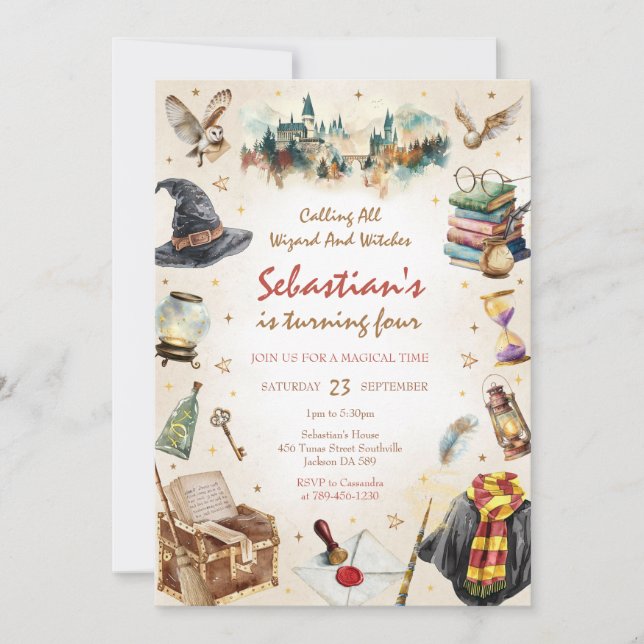 Invitación Wizard Witches Magical School Wizardry Birthday (Anverso)