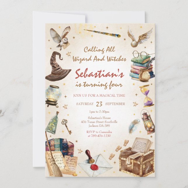 Invitación Wizard Witches Magical School Wizardry Birthday (Anverso)