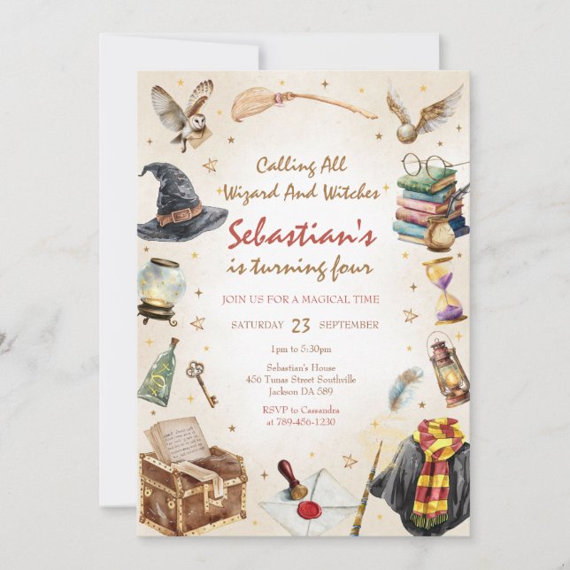 Invitación Wizard Witches Magical School Wizardry Birthday (Anverso)