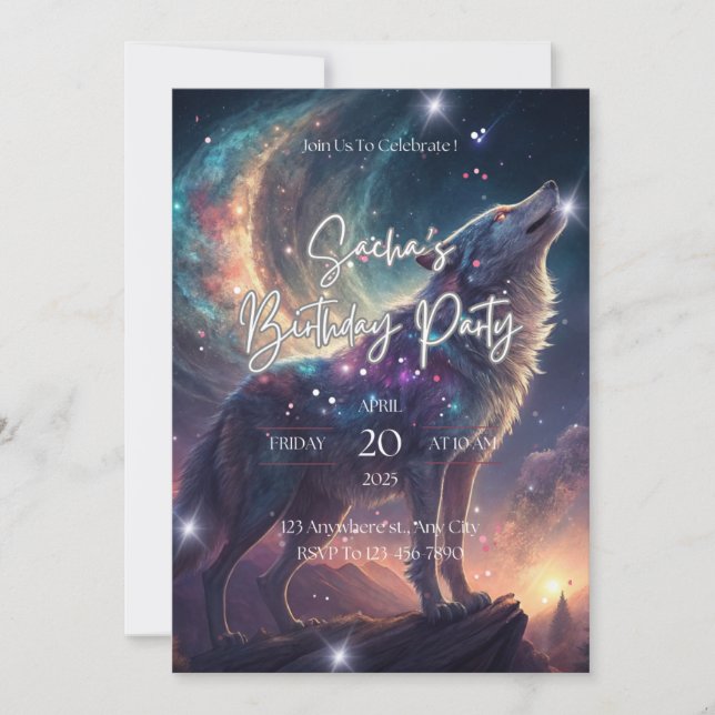 Invitación Wolf Galaxy Stars Cosmic Birday Party (Anverso)