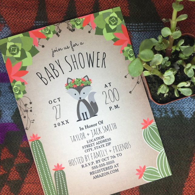 Invitación Wolf Pup Floral Cactus Desert Chica Baby Shower (Subido por el creador)
