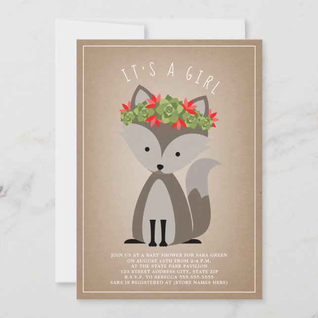 Invitación Wolf Pup Floral Succulent Cactus Baby Shower (Anverso)