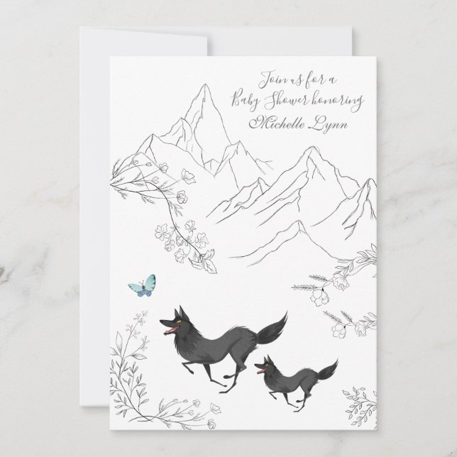 Invitación Wolves and Butterfly Mountain Woodland Baby Shower (Anverso)