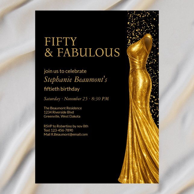 Invitación Woman Elegant Fabulous Golden Dress 50th Birthday (Subido por el creador)