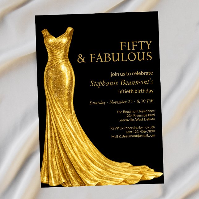 Invitación Woman Elegant Fabulous Golden Dress 50th Birthday (Subido por el creador)
