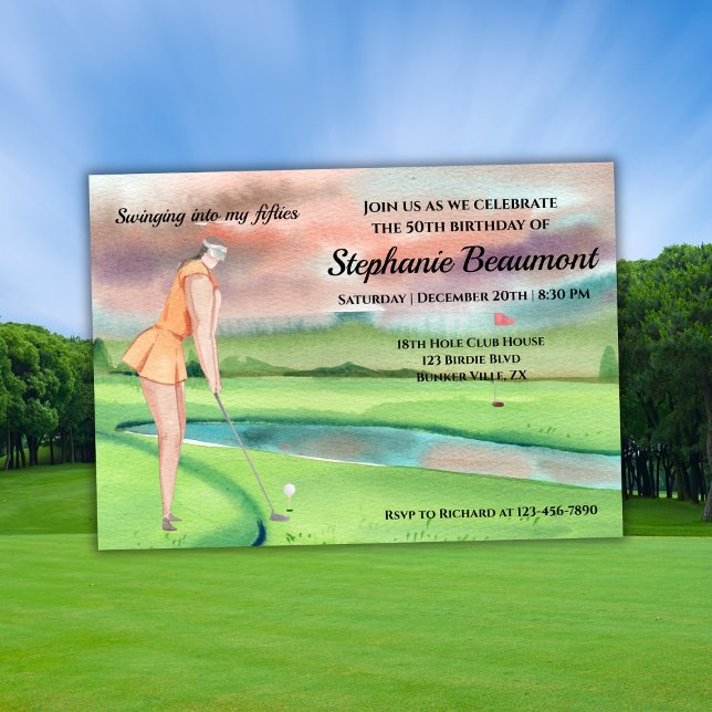 Invitación Woman Golf Player Swinging Fifties 50th Birthday (Subido por el creador)