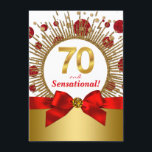 Invitación Womans 70th Birthday Party Red and Gold<br><div class="desc">Invitación de la mujer a la fiesta de cumpleaños número 70, roja y dorada, con puntos purpurinas rojos y dorados y ráfagas de estrellas. Esta hermosa invitación de cumpleaños roja y dorada se personaliza fácilmente para tu evento simplemente agregando tus detalles en el estilo de letra, color y texto de...</div>
