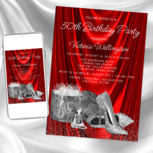 Invitación Womans Red Silver Shoes Cualquier número Cumpleaño