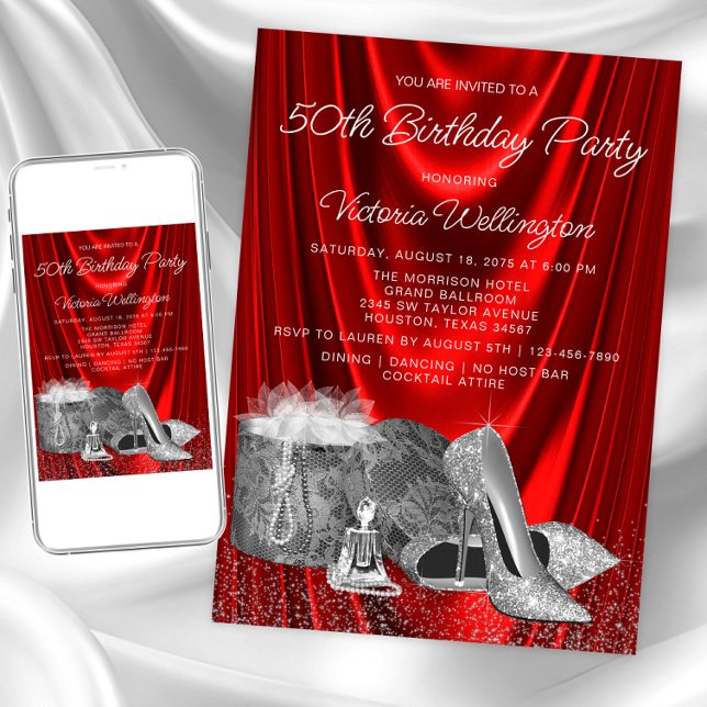 Invitación Womans Red Silver Shoes Cualquier número Cumpleaño (Womans red silver any number birthday invitation. Instant download and printed invitations available)