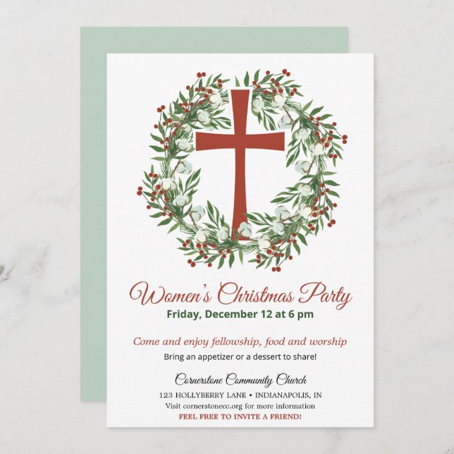 Invitación Women's Church Christmas Party Wreath (Anverso / Reverso)