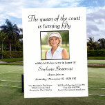 Invitación Women's Elegant Photo Tennis 50th Birthday Party<br><div class="desc">Honor a remarkable milestone with this beautifully designed 50th birthday party invitation. The soft off white background highlights a replaceable photo, allowing you to personalize it with ease. The elegant script headline, “The queen of the court is turning fifty, ” adds a charming and celebratory feel. Event details are clearly...</div>