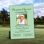 Invitación Women's Elegant Photo Tennis 50th Birthday Party<br><div class="desc">Honor a remarkable milestone with this beautifully designed 50th birthday party invitation. The soft green background highlights a replaceable photo, allowing you to personalize it with ease. The elegant script headline, “The queen of the court is turning fifty, ” adds a charming and celebratory feel. Event details are clearly arranged...</div>